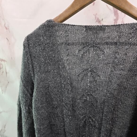 Garnet Hill Sweater Womens Small Gray Alpaca Wool V Balloon Sleeve Pointelle - Picture 6 of 10